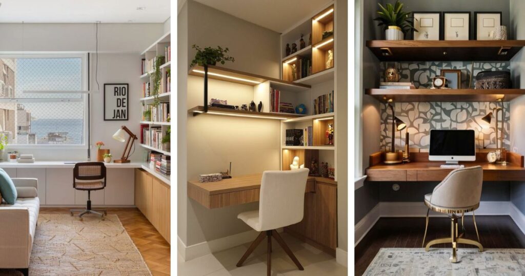Espaço de home office organizado, com móveis funcionais e decoração que une produtividade e praticidade.